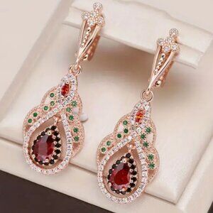 Golden/gold plated Heart Flower dangling earrings red Teardrop Cut Zirconia new